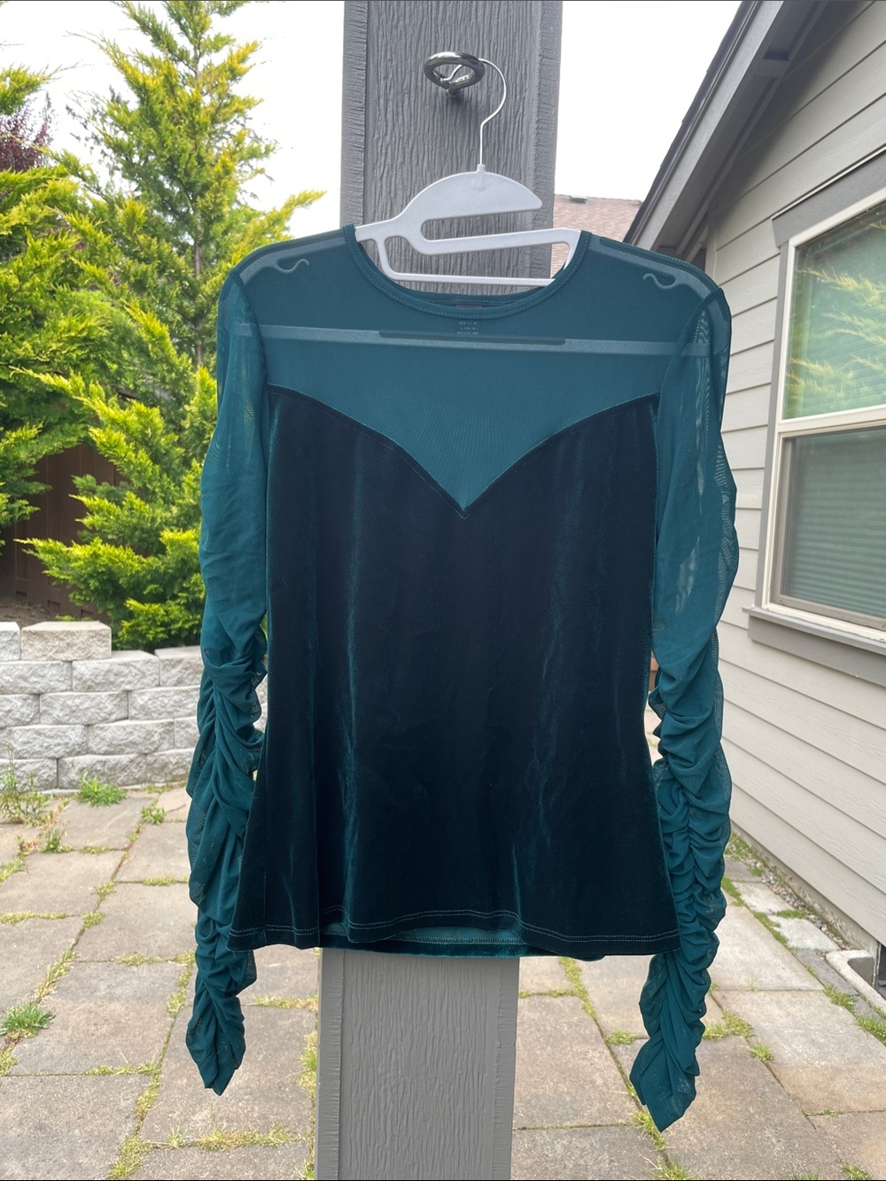 Green Ruched Sleeves Velvet w/Mesh Accent Top